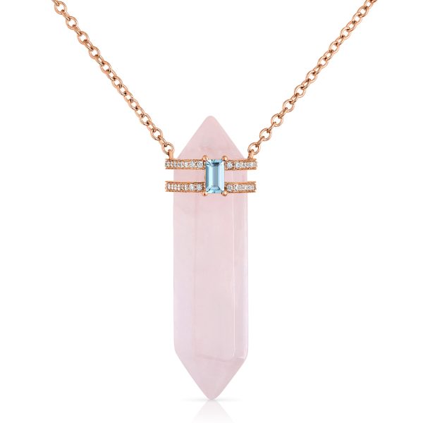 rose quartz crystal and bagguette aquamarin necklace