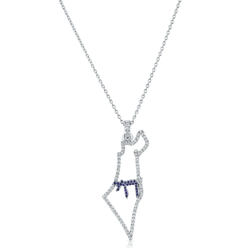 sapphire and diamond map of israel and chai necklace